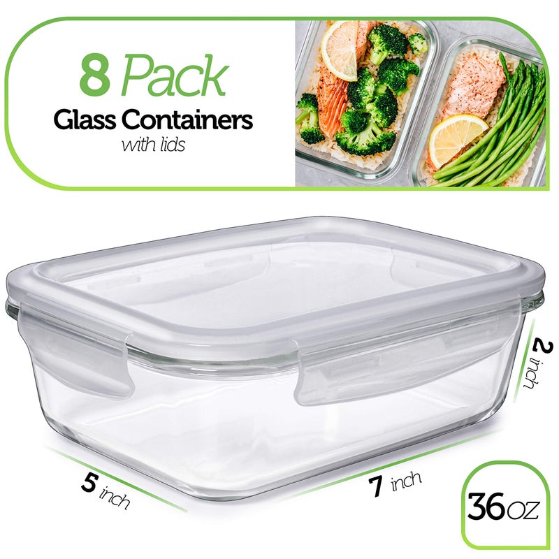 Prep Naturals PrepNaturals 8 Pack 36 Oz Glass Meal Prep Containers - Dishwasher Microwave Freezer Oven Safe - Glass Storage Containers with Lids (Multi-Compartment) - Image 2