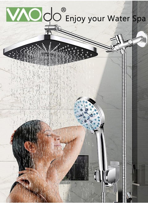 12 Inch High Pressure Rain Shower Head Shower Heads with 5 Modes Handheld Spray Combo Wide RainFall shower with 70" Hose & Bracket Adjustable Dual Showerhead with Anti-Clog Nozzles Chrome