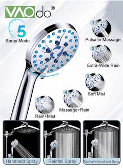 VAOdo 12 Inch High Pressure Rain Shower Head Shower Heads with 5 Modes Handheld Spray Combo Wide RainFall shower with 70" Hose & Bracket Adjustable Dual Showerhead with Anti-Clog Nozzles Chrome  - Image 2