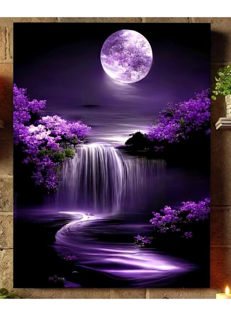 Paint by Numbers Kit – Enchanting Purple Night Waterfall Landscape with Moon, Numbered Paints and 3 Painting Brushes – Complete DIY Painting Set