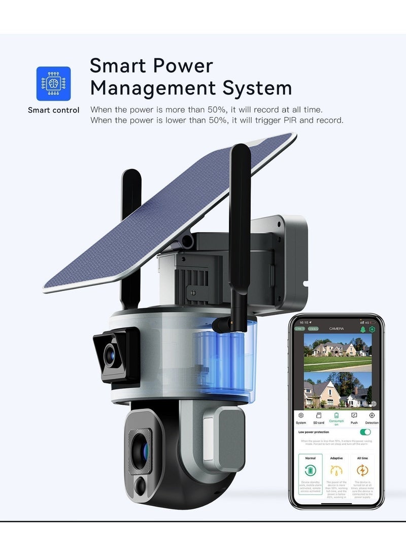 كروني كاميرا أمان خارجية تعمل بالطاقة الشمسية، تدعم 4G، عدسة مزدوجة PTZ بدقة 8 ميجابكسل ودقة 4K، تكبير 10x، دوران بانورامي 355 درجة، طاقة مزدوجة بالطاقة الشمسية/البطارية، مقاومة للماء IP66، صوت ثنائي الاتجاه، تدعم التخزين السحابي وبطاقة TF (حتى 256 جيجابايت)، لا يتطلب أسلاكًا. - Image 2
