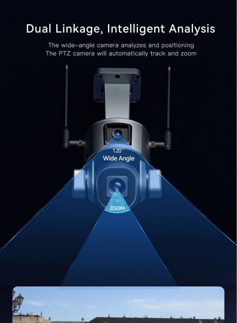 كروني كاميرا أمان خارجية تعمل بالطاقة الشمسية، تدعم 4G، عدسة مزدوجة PTZ بدقة 8 ميجابكسل ودقة 4K، تكبير 10x، دوران بانورامي 355 درجة، طاقة مزدوجة بالطاقة الشمسية/البطارية، مقاومة للماء IP66، صوت ثنائي الاتجاه، تدعم التخزين السحابي وبطاقة TF (حتى 256 جيجابايت)، لا يتطلب أسلاكًا. - Image 3