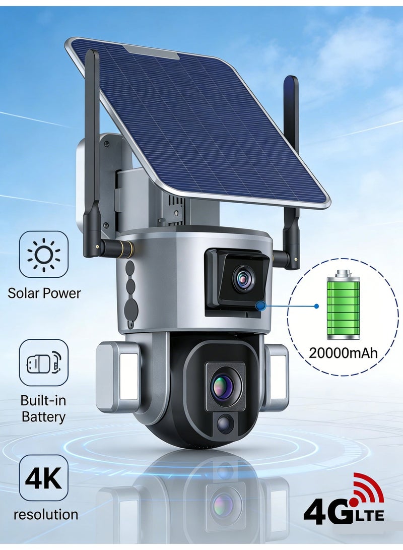 كروني كاميرا أمان خارجية تعمل بالطاقة الشمسية، تدعم 4G، عدسة مزدوجة PTZ بدقة 8 ميجابكسل ودقة 4K، تكبير 10x، دوران بانورامي 355 درجة، طاقة مزدوجة بالطاقة الشمسية/البطارية، مقاومة للماء IP66، صوت ثنائي الاتجاه، تدعم التخزين السحابي وبطاقة TF (حتى 256 جيجابايت)، لا يتطلب أسلاكًا. - Image 1