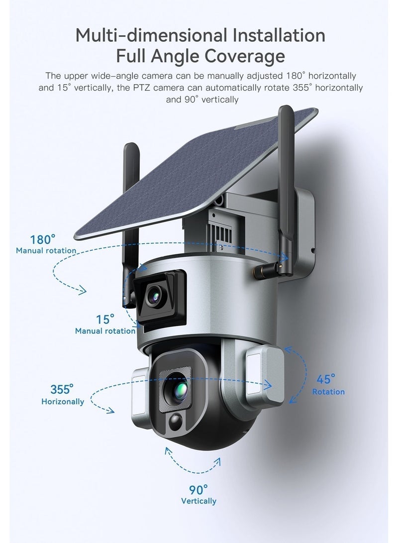 كروني كاميرا أمان خارجية تعمل بالطاقة الشمسية، تدعم 4G، عدسة مزدوجة PTZ بدقة 8 ميجابكسل ودقة 4K، تكبير 10x، دوران بانورامي 355 درجة، طاقة مزدوجة بالطاقة الشمسية/البطارية، مقاومة للماء IP66، صوت ثنائي الاتجاه، تدعم التخزين السحابي وبطاقة TF (حتى 256 جيجابايت)، لا يتطلب أسلاكًا. - Image 5