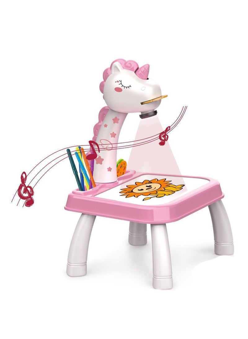 Pink Unicorn Projection Table, Children'S Drawing Projector With Flashlight Slide Projector Toy, Tracing Sketch Table With Light Music, Suitable For Early Art Learning Game Gifts - Image 1