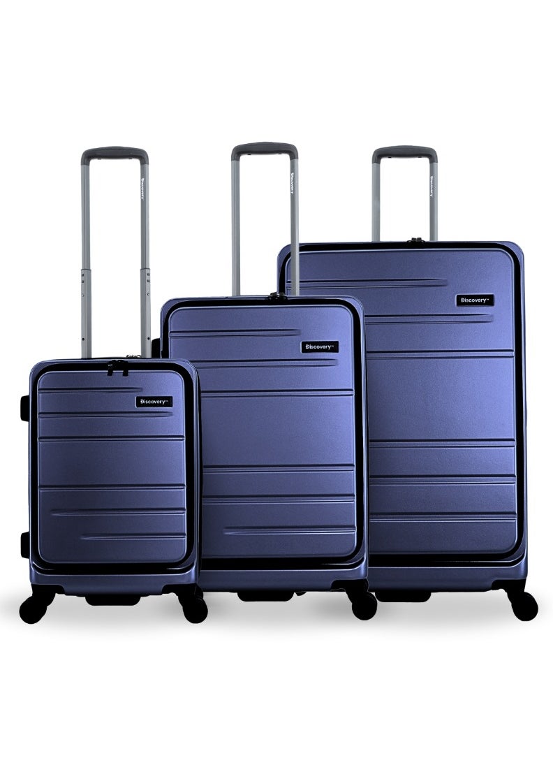 Discovery Discovery Patrol Hardside Travel Suitcase Set, 100% PC Durable Ultra Lightweight Hard Case Expandable Luggage, 4 Double Wheel, TSA Lock 3pcs Trolley Bag Metallic Blue (20+24+28 Inch). 