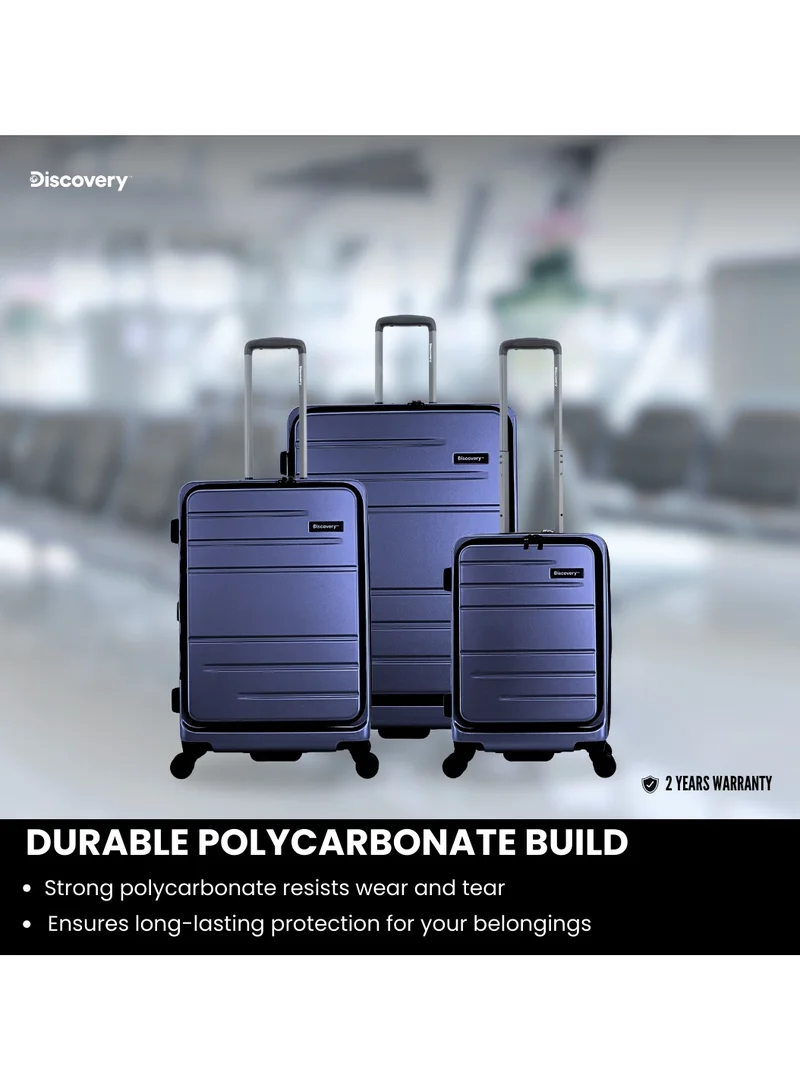 Discovery Discovery Patrol Hardside Travel Suitcase Set, 100% PC Durable Ultra Lightweight Hard Case Expandable Luggage, 4 Double Wheel, TSA Lock 3pcs Trolley Bag Metallic Blue (20+24+28 Inch).