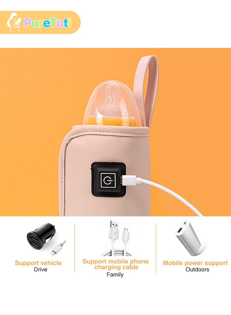 PureTuti USB 3-Temp Baby Bottle Warmer with Leatherette Insulated Bag, Portable Smart Constant temperature bottle warmer，Fits 150-250ml Bottles - Pink - Image 4