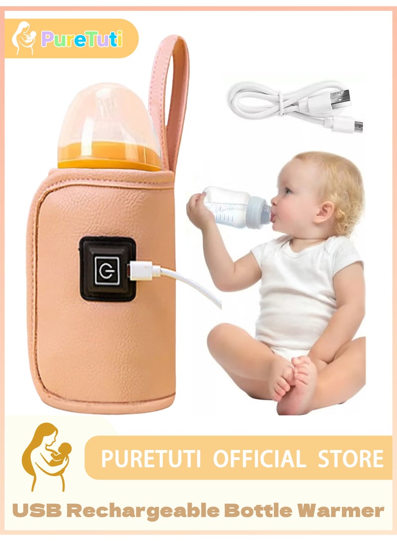 PureTuti USB 3-Temp Baby Bottle Warmer with Leatherette Insulated Bag, Portable Smart Constant temperature bottle warmer，Fits 150-250ml Bottles - Pink - Image 1