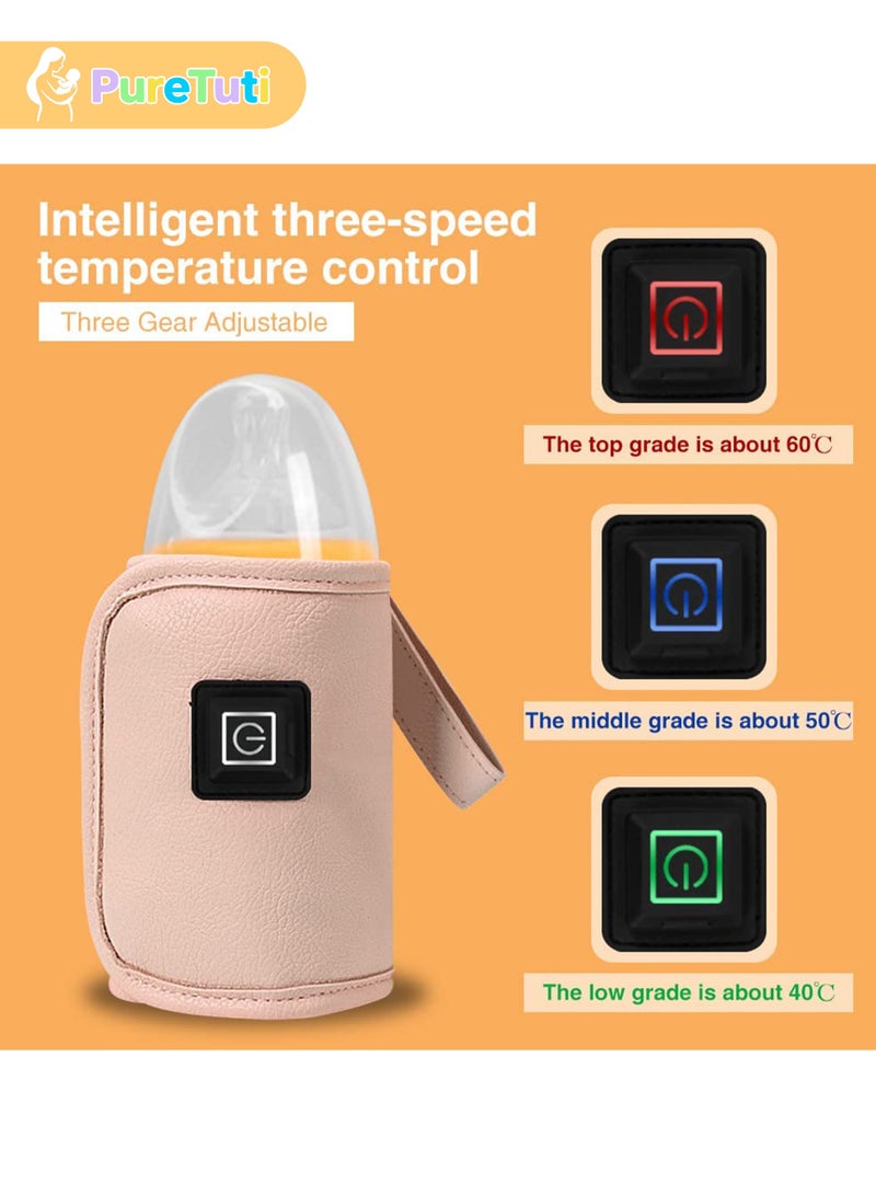 PureTuti USB 3-Temp Baby Bottle Warmer with Leatherette Insulated Bag, Portable Smart Constant temperature bottle warmer，Fits 150-250ml Bottles - Pink - Image 5
