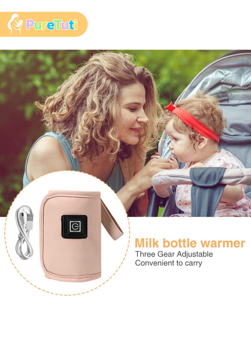 PureTuti USB 3-Temp Baby Bottle Warmer with Leatherette Insulated Bag, Portable Smart Constant temperature bottle warmer，Fits 150-250ml Bottles - Pink - Image 3