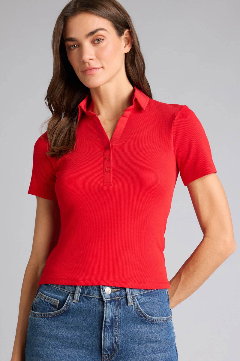 DeFacto Red Woman Slim Fit Polo Collar Camisole Short Sleeve Polo T-Shirt Casual - Image 1