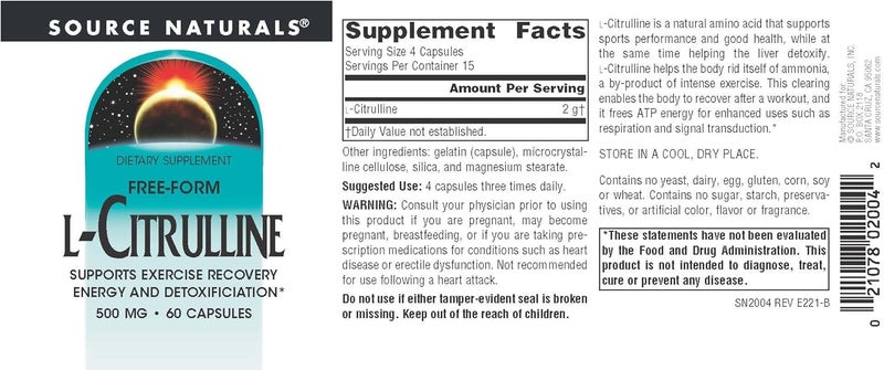 Source Naturals سورس ناتشورالز إل سيترولين يدعم استعادة الطاقة والتمارين وإزالة السموم 500 ملغ 60 كبسولة - Image 4