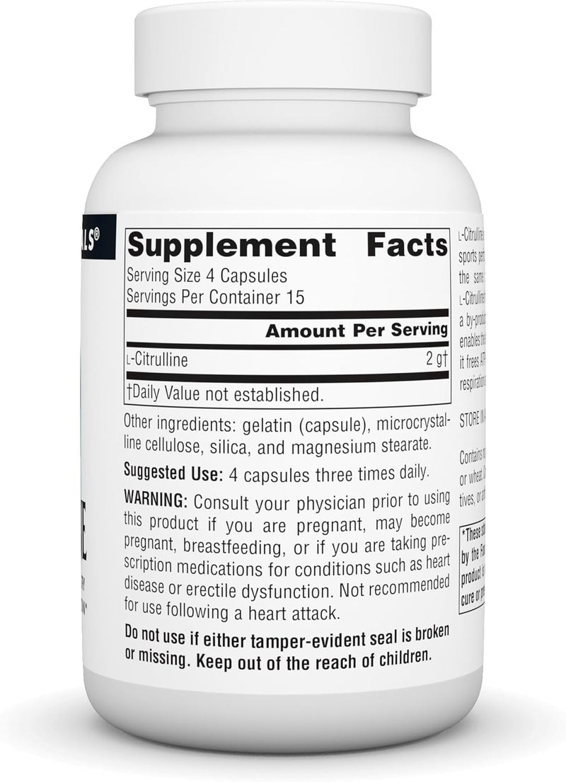 Source Naturals سورس ناتشورالز إل سيترولين يدعم استعادة الطاقة والتمارين وإزالة السموم 500 ملغ 60 كبسولة - Image 2