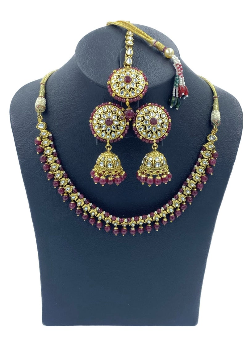 GOHONA GOHONA Royal Bling Bollywood Traditional Indian Kundan Jewelery Necklace With Earrings Set and 1 Tikka in MAROON color  - Image 2