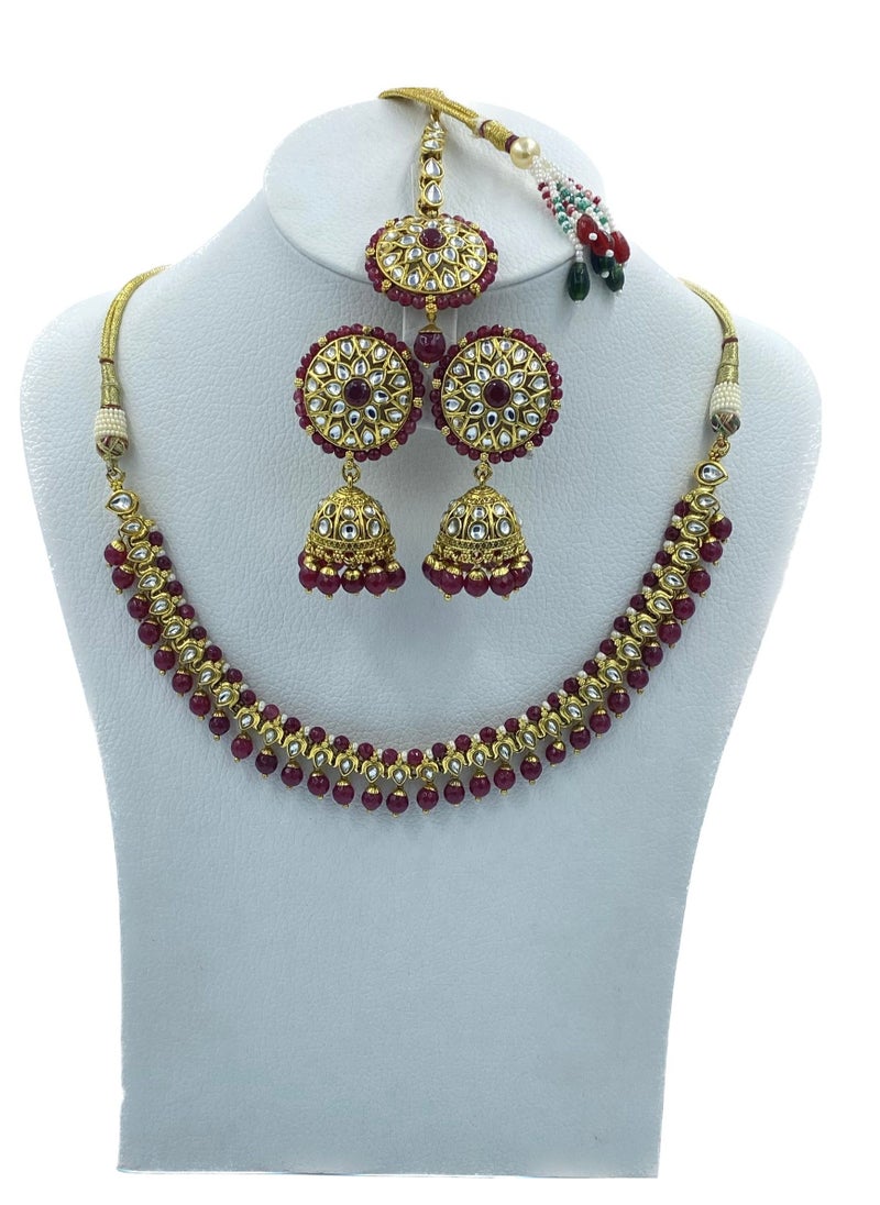 GOHONA GOHONA Royal Bling Bollywood Traditional Indian Kundan Jewelery Necklace With Earrings Set and 1 Tikka in MAROON color  - Image 1
