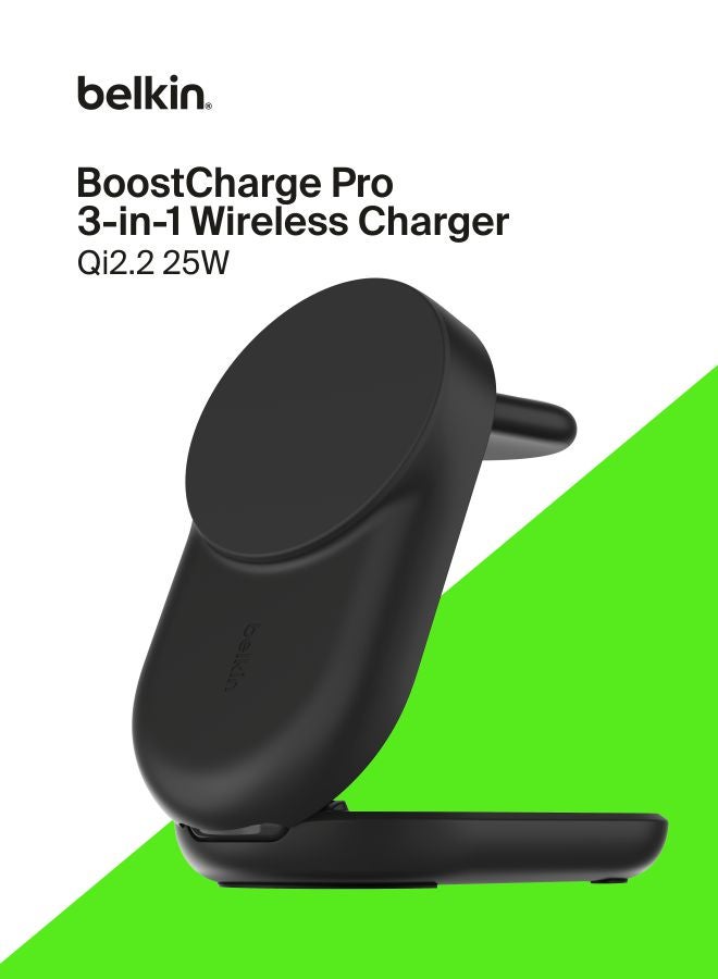 بيلكين دوك شحن لاسلكي قابل للطي UltraCharge Pro 3 في 1 مع MagSafe | شاحن سريع Qi2 بقوة 25 واط لهواتف iPhone 17/16/15/14/13، ساعة آبل و AirPods، مع مزود طاقة USB-C بقوة 45 واط وكابل - شكل دائري - Image 1