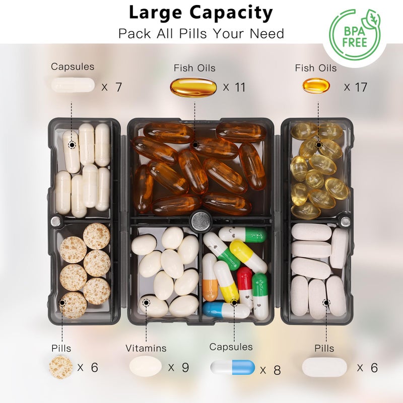 FYY Daily Pill Organizer, 7 Compartments Portable Pill Case Travel Pill Organizer,[Folding Design] Pill Box for Purse Pocket to Hold Vitamins,Cod Liver Oil,Supplements and Medication-Clear Black - Image 2