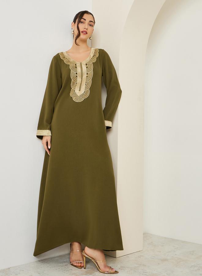 Amirah Women Olive Embroidered A-Line Jalabiya - Image 3