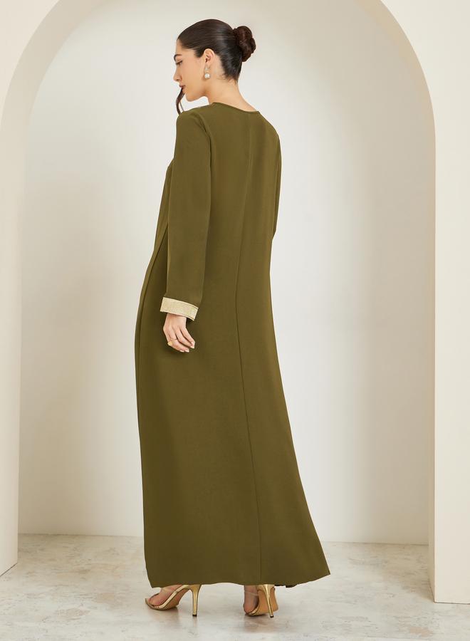 Amirah Women Olive Embroidered A-Line Jalabiya - Image 5