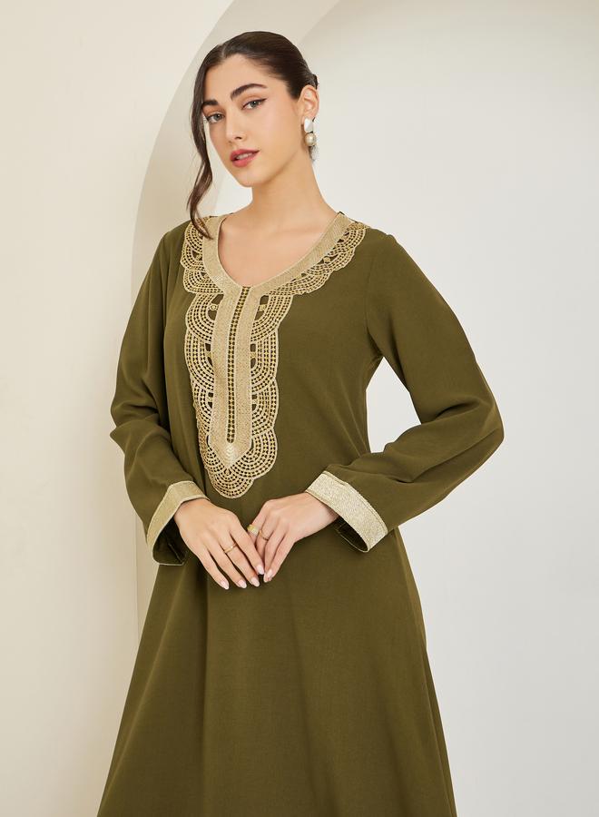Amirah Women Olive Embroidered A-Line Jalabiya - Image 2