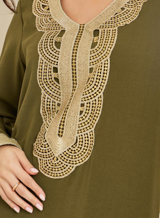 Amirah Women Olive Embroidered A-Line Jalabiya - Image 4