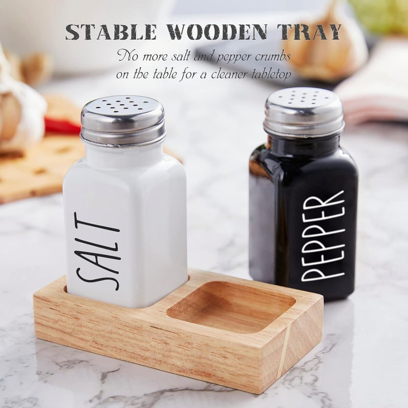 dopeca Salt and Pepper Shakers Set with Holder - Glass Salt Shaker with Wood Caddy for Kitchen Counter or Table - Black and White Kitchen Decor and Wedding Gifts -2.7 oz - Image 3
