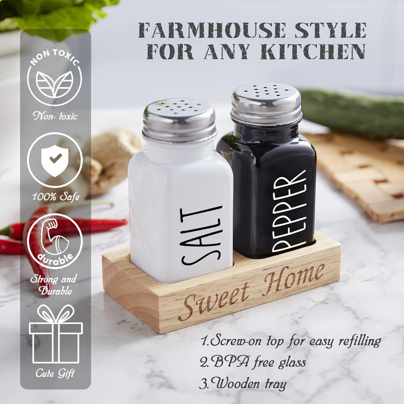 dopeca Salt and Pepper Shakers Set with Holder - Glass Salt Shaker with Wood Caddy for Kitchen Counter or Table - Black and White Kitchen Decor and Wedding Gifts -2.7 oz - Image 4