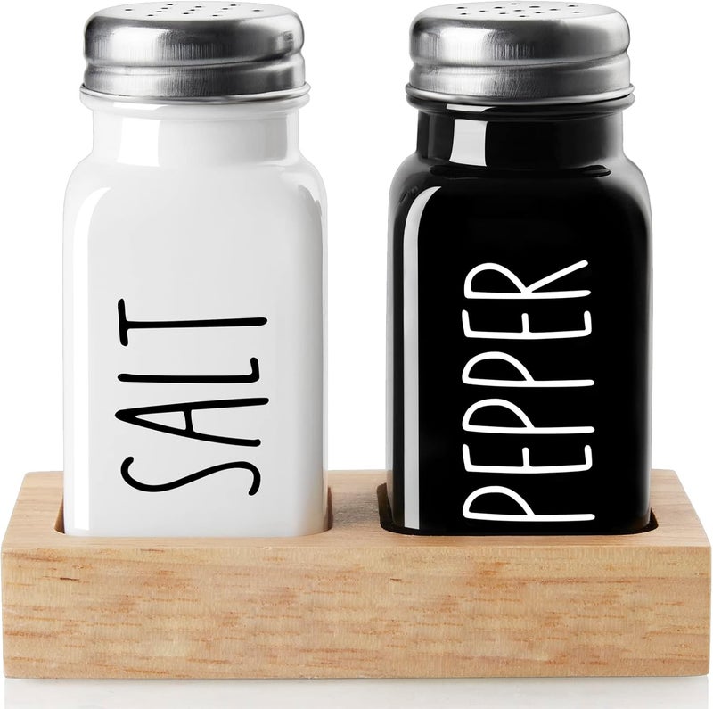 dopeca Salt and Pepper Shakers Set with Holder - Glass Salt Shaker with Wood Caddy for Kitchen Counter or Table - Black and White Kitchen Decor and Wedding Gifts -2.7 oz - Image 1