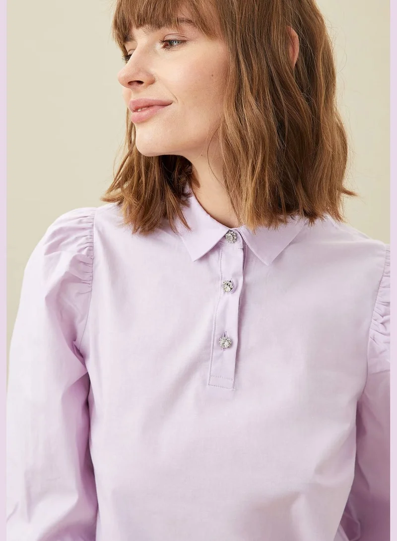ديفاكتو Woven Half-Sleeved Blouse With Collar