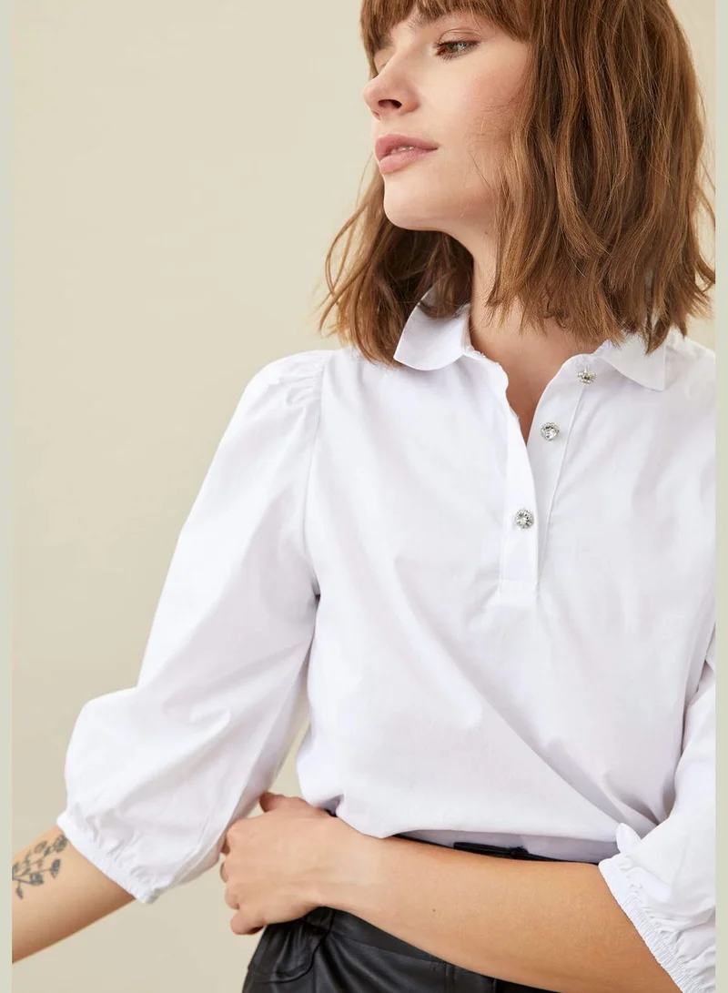 ديفاكتو Woven Half-Sleeved Blouse With Collar