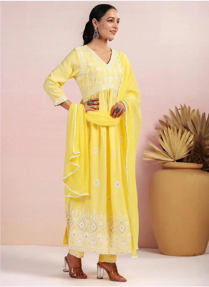 ISHIN Women Yellow Rayon Kurta set with Dupatta