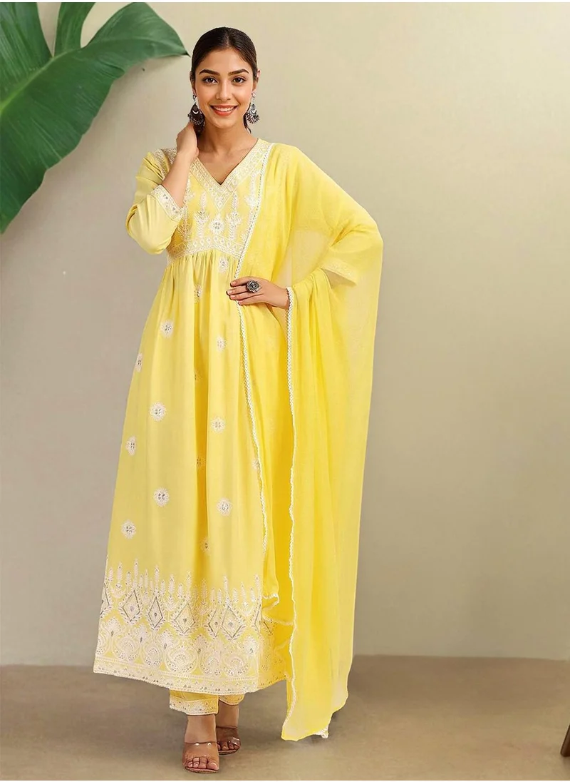 آي شين Women's Yellow Rayon Embellished Tunic Full Length Casual Straight Fit Kurta Set