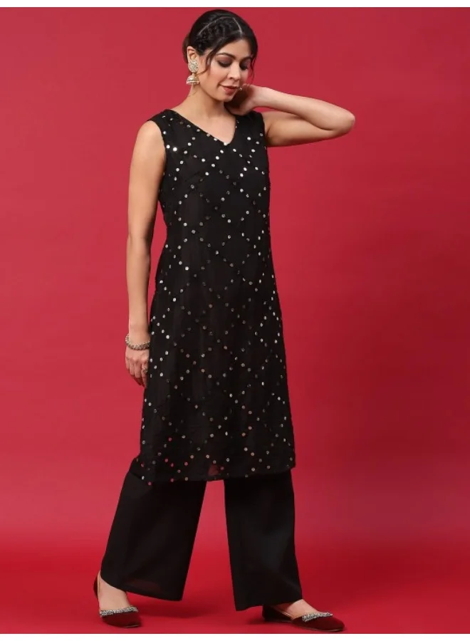 AKS  Black Embroidered Kurta & Palazzo With Printed Dupatta for Women | Best Price UAE