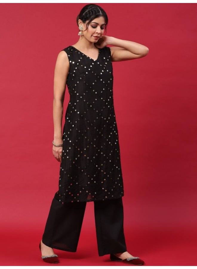 AKS Black Embroidered Kurta & Palazzo With Printed Dupatta - Image 4