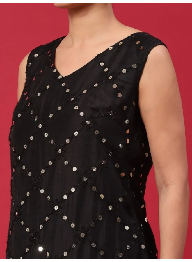 AKS Black Embroidered Kurta & Palazzo With Printed Dupatta