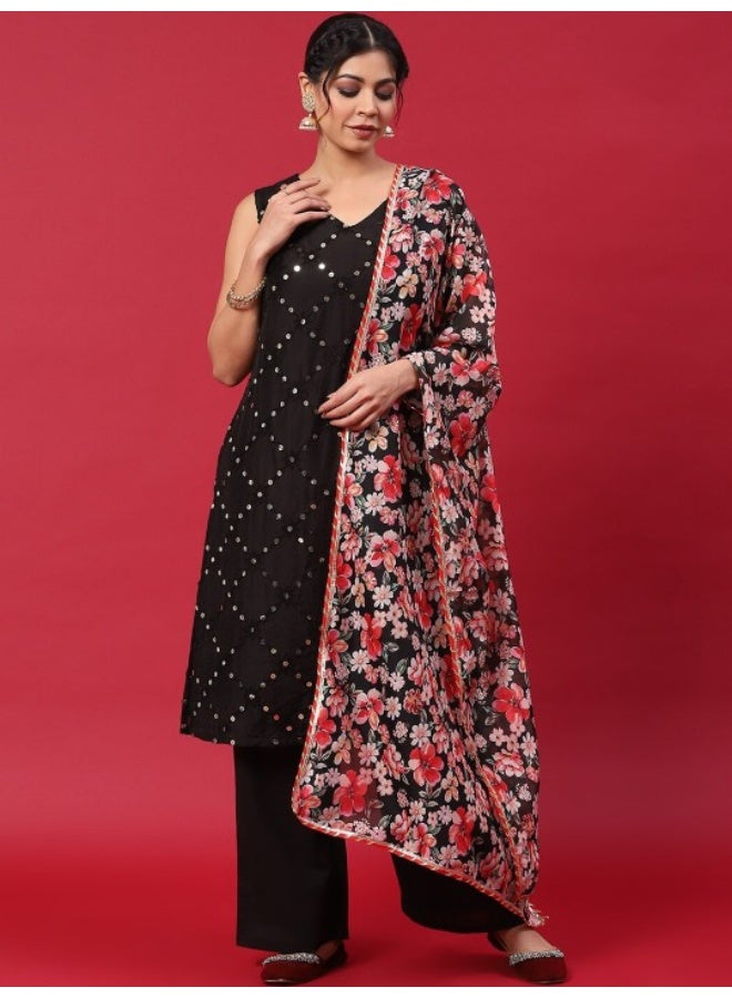 AKS Black Embroidered Kurta & Palazzo With Printed Dupatta - Image 1