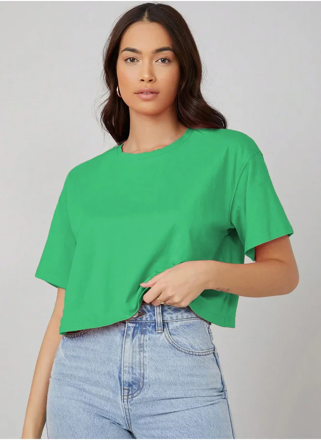 كوتي Solid Short Sleeve Oversized Crop T-Shirt