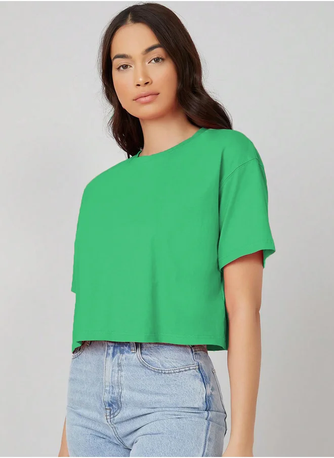 كوتي Solid Short Sleeve Oversized Crop T-Shirt
