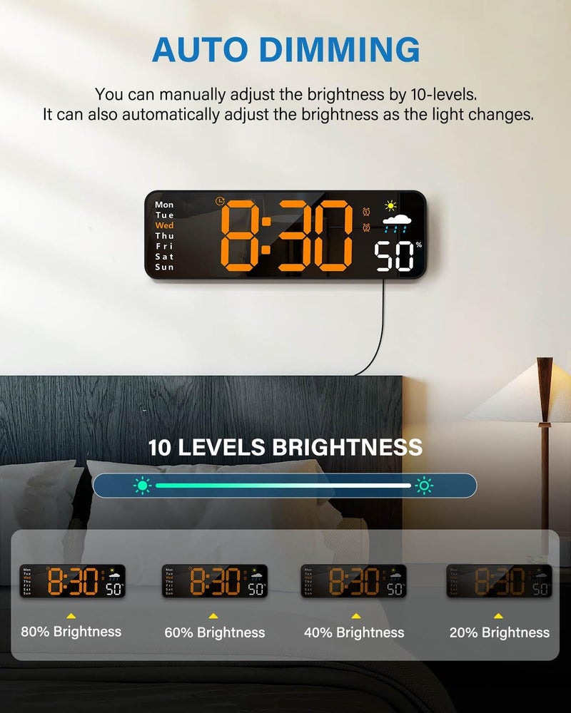 Zelaclock Digital Wall Clock, Digital Clock Large Display with Remote Control, Corded LED Alarm Clocks with Date, Week, Temp, Humidity, Auto DST, Countdown, for Living Room Bedroom Classroom Office (Orange) - Image 3