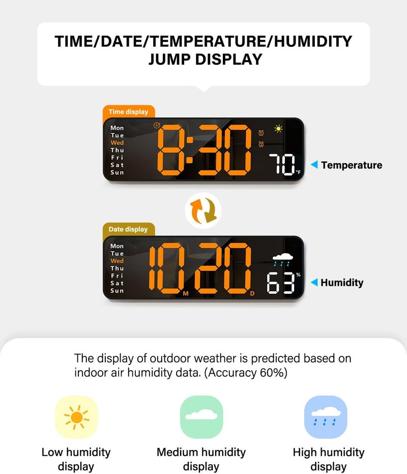 Zelaclock Digital Wall Clock, Digital Clock Large Display with Remote Control, Corded LED Alarm Clocks with Date, Week, Temp, Humidity, Auto DST, Countdown, for Living Room Bedroom Classroom Office (Orange) - Image 4
