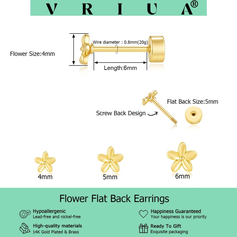 VRIUA Hypoallergenic Flat Back Earrings for Women - 14K Gold Plated Small Flower Flat Back Stud Earrings Cartilage Helix Piercing Jewelry - Image 4