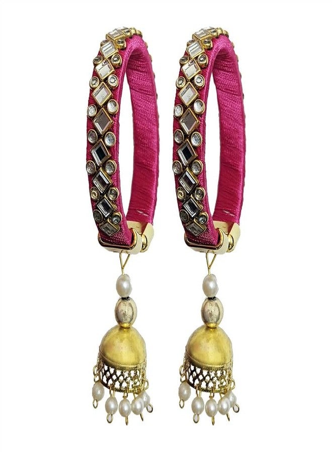 ANISHOP Set of Handmade Silk Thread Flexible Bangles with Latkan In Cowrie Shell and Metal Moti Work for Women (Pack of 2, Pink) - Image 1