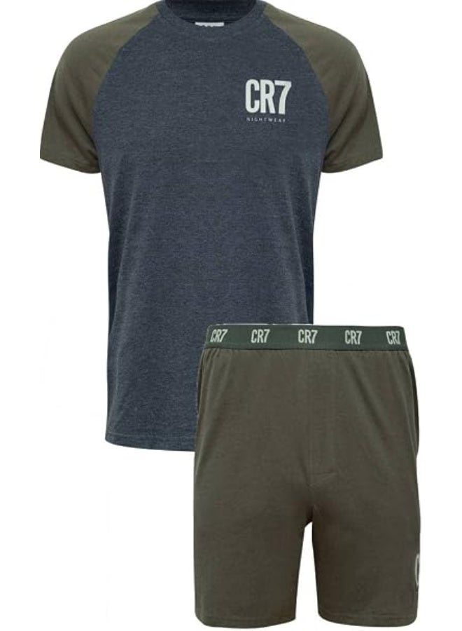 CR7 Men's Pyjama Set – Soft Cotton Short Sleeve T-Shirt & Shorts Sleepwear Set, Breathable Comfort Fit Nightwear, Charcoal Grey & Olive Green - Image 1