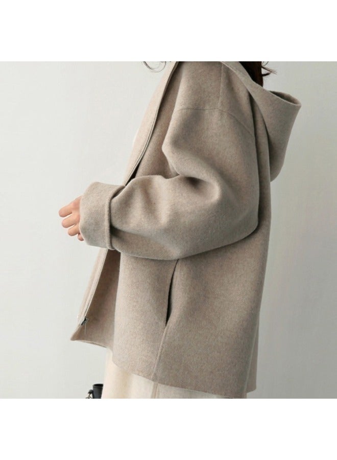 Early Spring Korean Style Hooded Woolen Coat Women's Short Loose Color Casual Woolen Coat