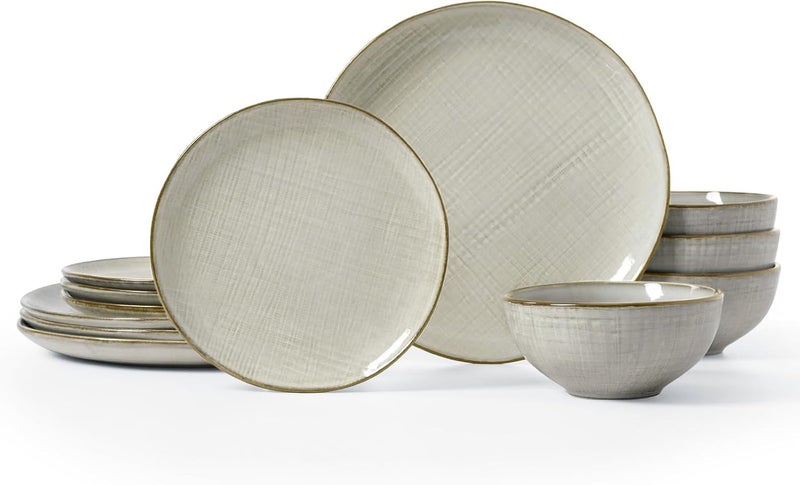 Famiware Famiware Moonlight Plates and Bowls Sets 12 Pieces Stoneware Dinnerware Sets with Linen Finish Handmade Dishware Set for 4 Microwave and Dishwasher Safe Chip and Scratch Resistant Summer Sand  - Image 1