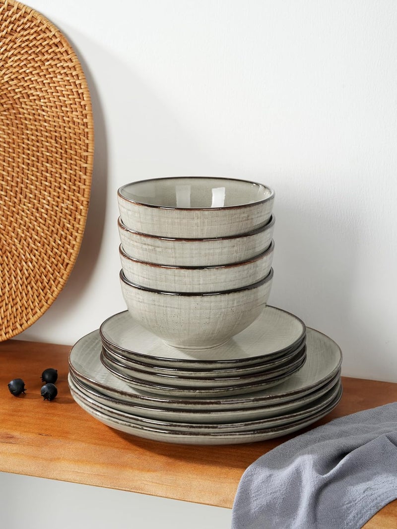 Famiware Famiware Moonlight Plates and Bowls Sets 12 Pieces Stoneware Dinnerware Sets with Linen Finish Handmade Dishware Set for 4 Microwave and Dishwasher Safe Chip and Scratch Resistant Summer Sand  - Image 4