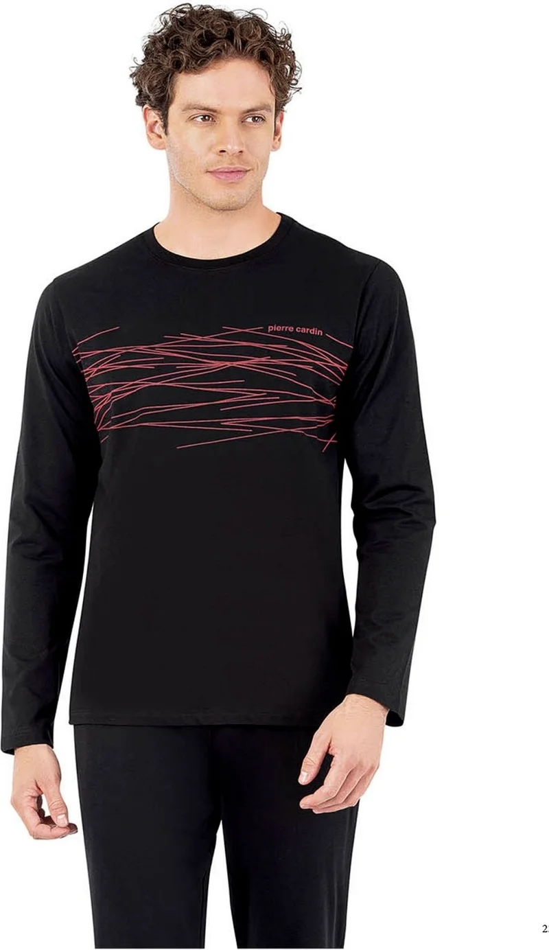بيير كاردان 6061 Men's Long Sleeve Crew Neck Pajama Set-Black