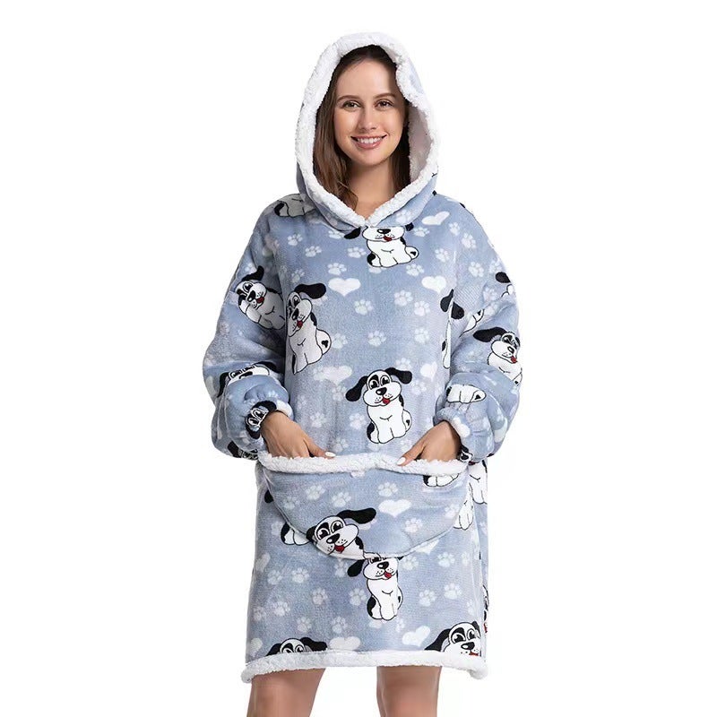2022 Flannel Thickened Pajamas Lamb Fleece TV Blanket with Hood Cartoon Corgi Compound-Adult  - Image 4