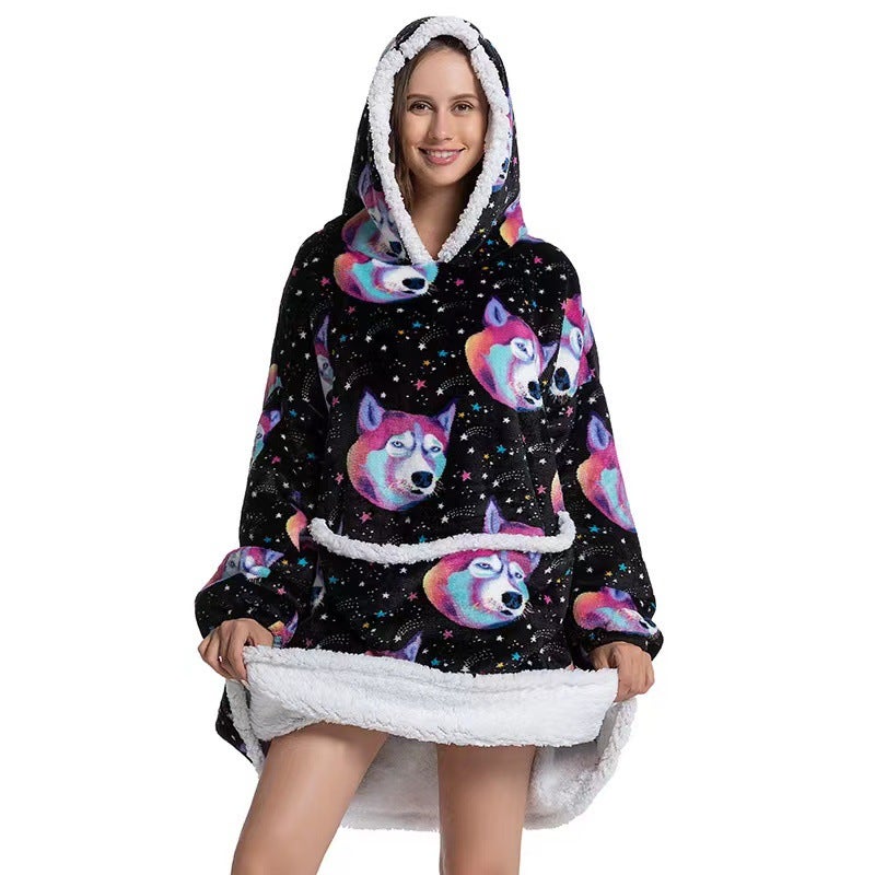 2022 Flannel Thickened Pajamas Lamb Fleece TV Blanket with Hood Cartoon Corgi Compound-Adult  - Image 3